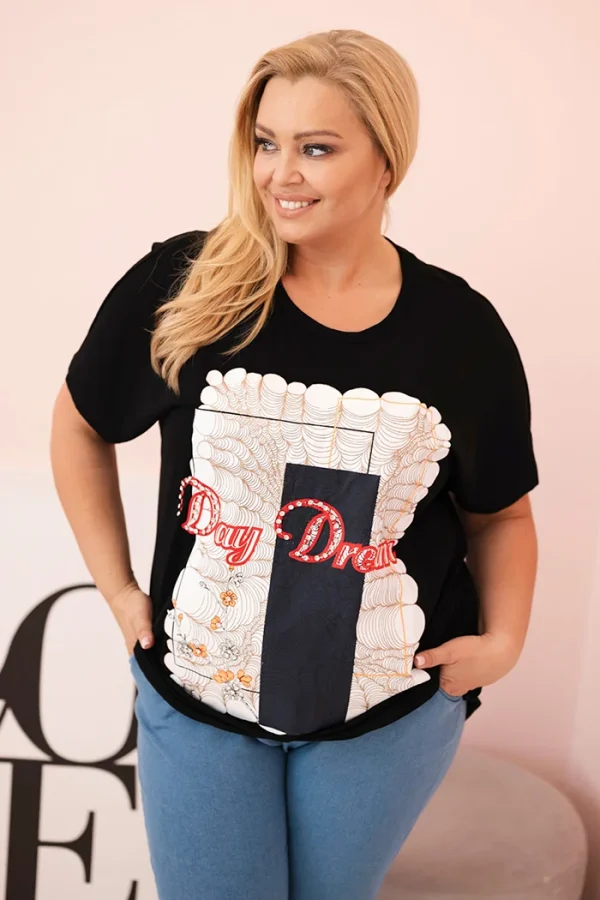 Bluzka damska bawełniana Plus Size z nadrukiem Day Dream czarny + granatowy