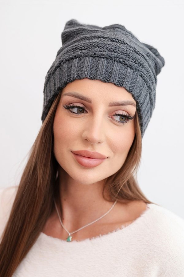Czapka damska zimowa o klasycznym splocie prążkowanym K439 grafitowa