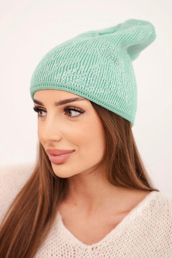 Czapka damska zimowa z moherem i połyskującym wzorem K502 miętowa
