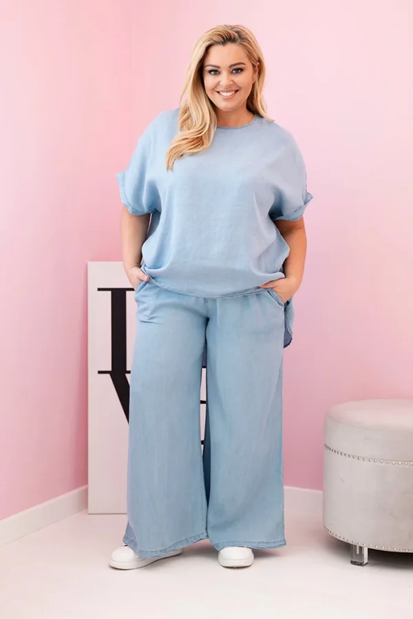 Komplet damski Plus Size z tencelu bluzka i spodnie z wiązaniem jasno jeansowy