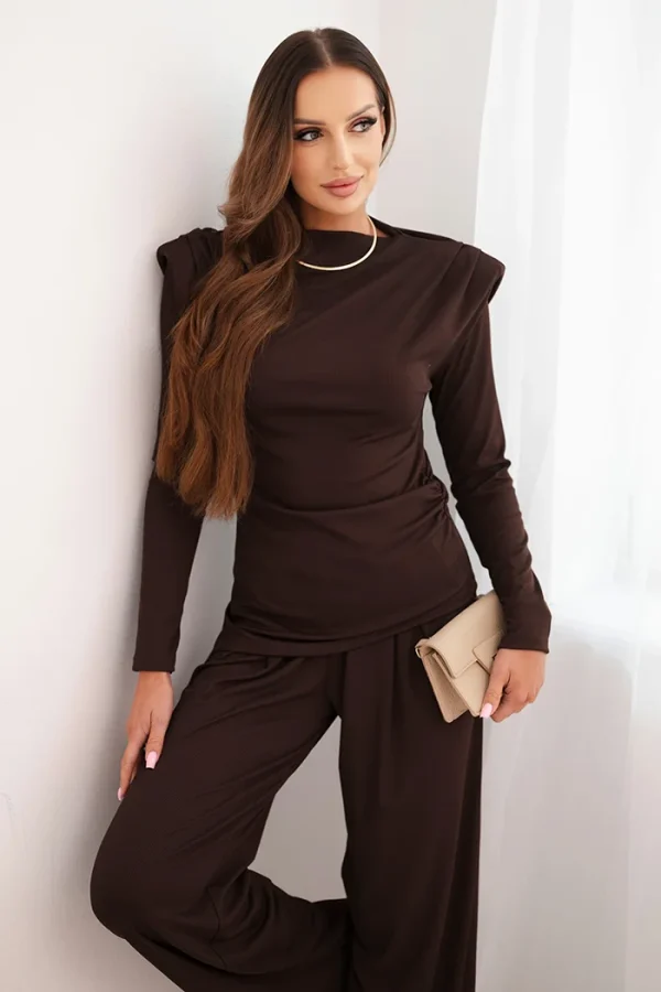 Komplet damski bawełniany z bluzką i spodniami z szeroką nogawką brązowy