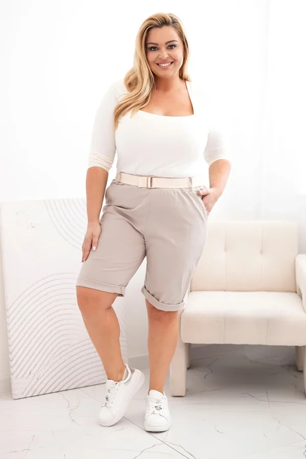 Spodenki damskie bawełniane Plus Size z paskiem ciemno beżowe