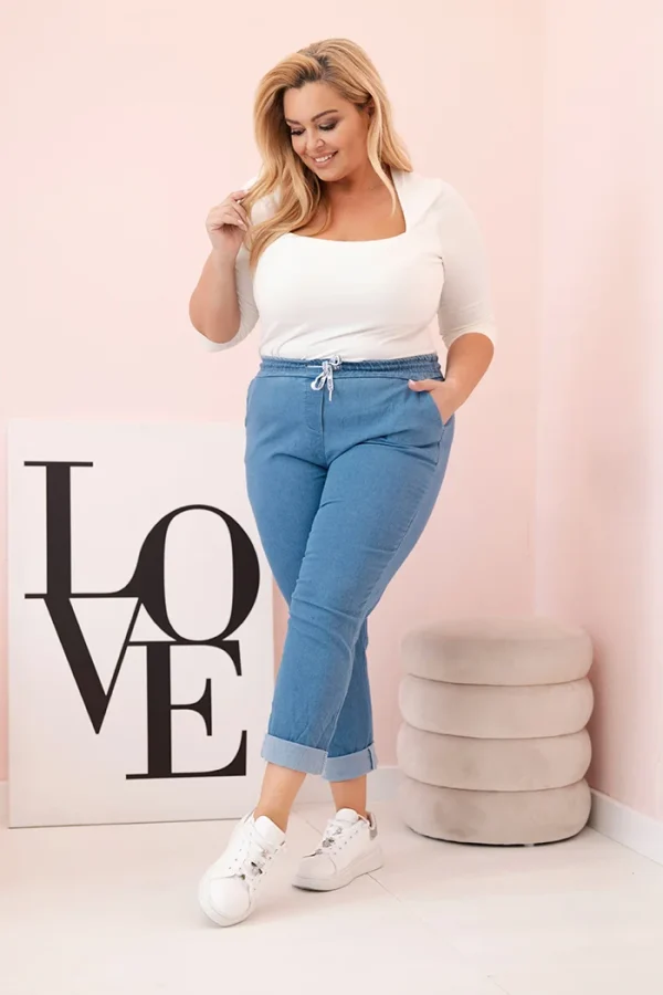 Spodnie damskie bawełniane Plus Size z elastyczną talią i wiązaniem jasno jeansowe
