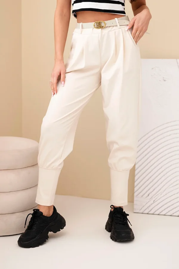 Spodnie damskie bawełniane z wysokim stanem i paskiem beżowa
