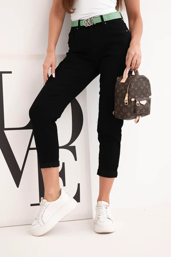 Spodnie damskie jeansowe Mom Fit z wysokim stanem i zielonym paskiem czarne