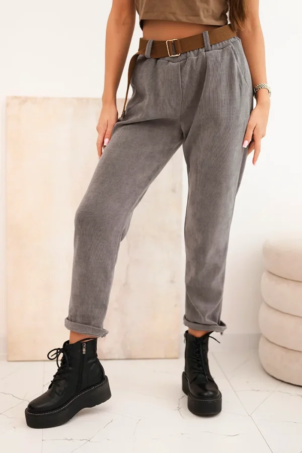 Spodnie damskie z paskiem sztruksowe ciemno szare