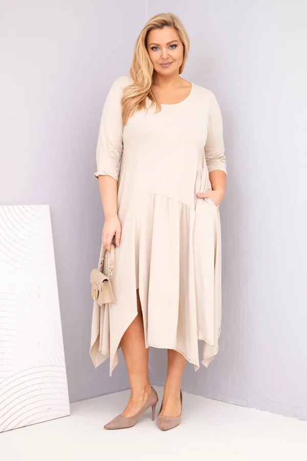 Sukienka damska bawełniana Plus Size z asymetrycznym dołem beżowa