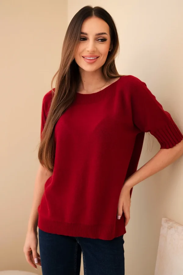 Sweter damski z wiskozy z krótkim rękawem bordowy