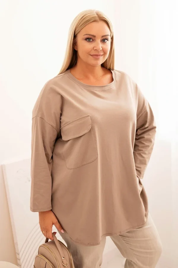 Bluzka damska Plus Size z bawełną z kieszenią i rękawem podwijanym