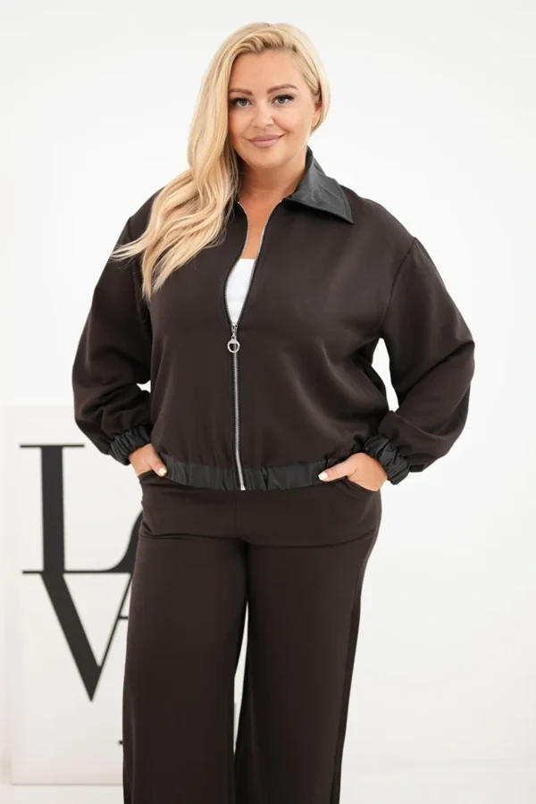 Komplet damski Plus Size z bluzą na zamek i szerokimi spodniami