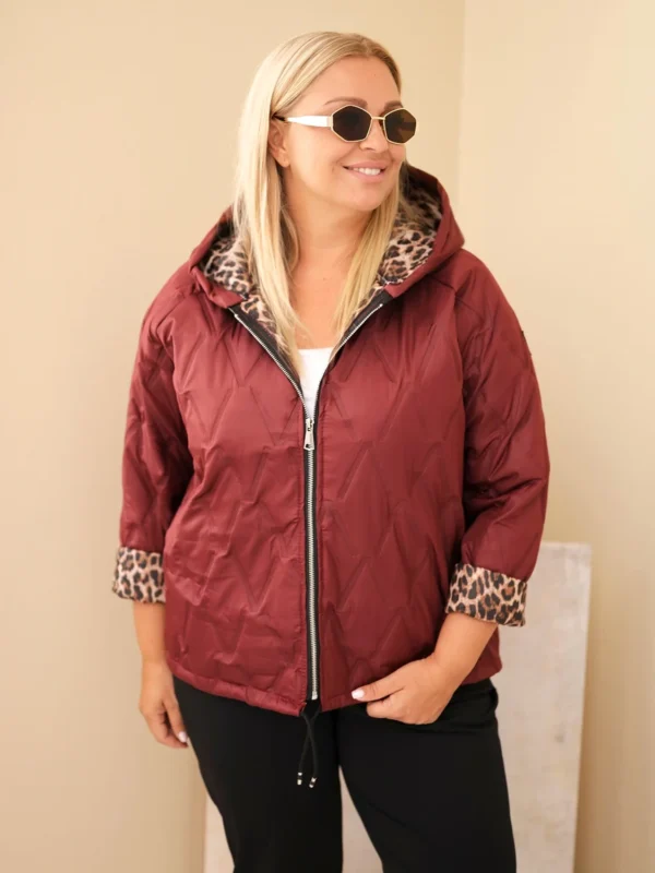 Kurtka damska Plus Size z kapturem i panterkowym wykończeniem