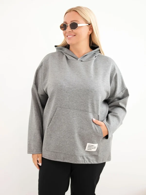 Bluza damska Plus Size masełko z kapturem i kieszenią kangurką
