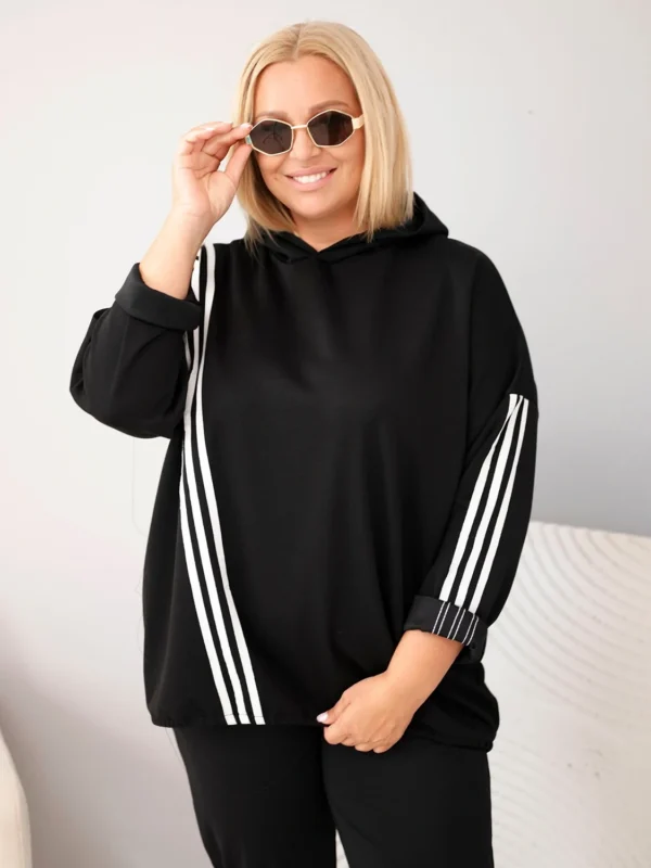 Bluza damska Plus Size wiskozowa z kapturem i ozdobnymi paskami