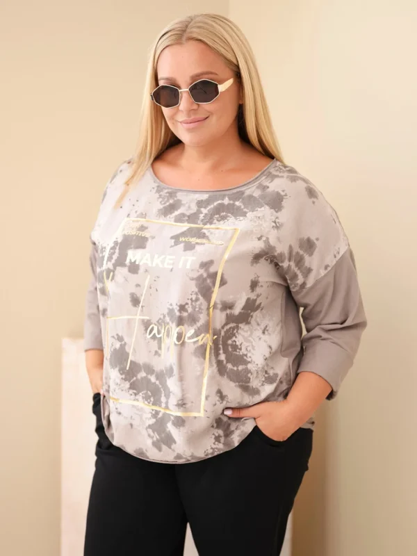 Bluzka damska bawełniana Plus Size z nadrukiem i dekoltem U