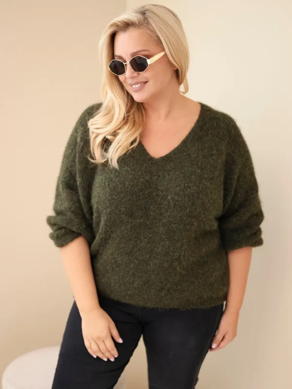 Sweter damski Plus Size z dekoltem V i szerokim rękawem