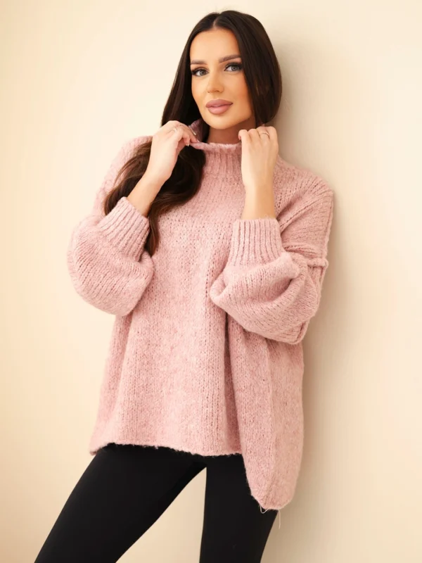 Sweter damski oversize z dodatkiem wełny z golfem i szerokimi rękawami