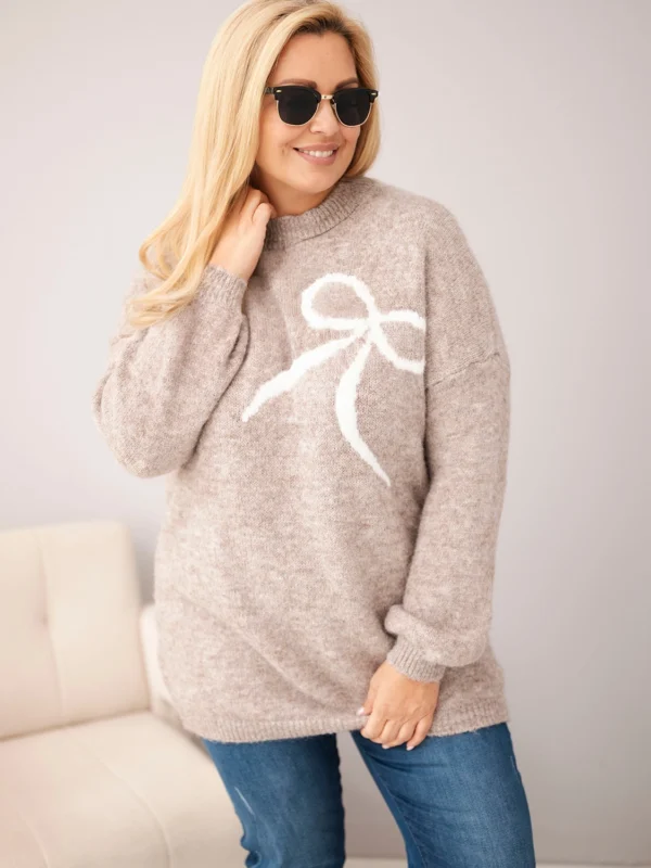 Sweter damski Plus Size z dodatkiem wełny z kokardą