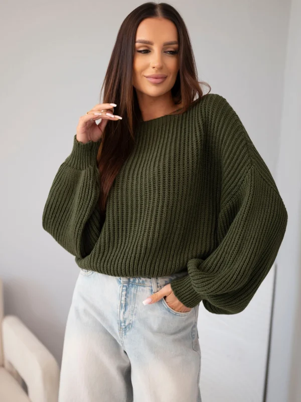 Sweter damski luźny prążkowany z długim rękawem khaki